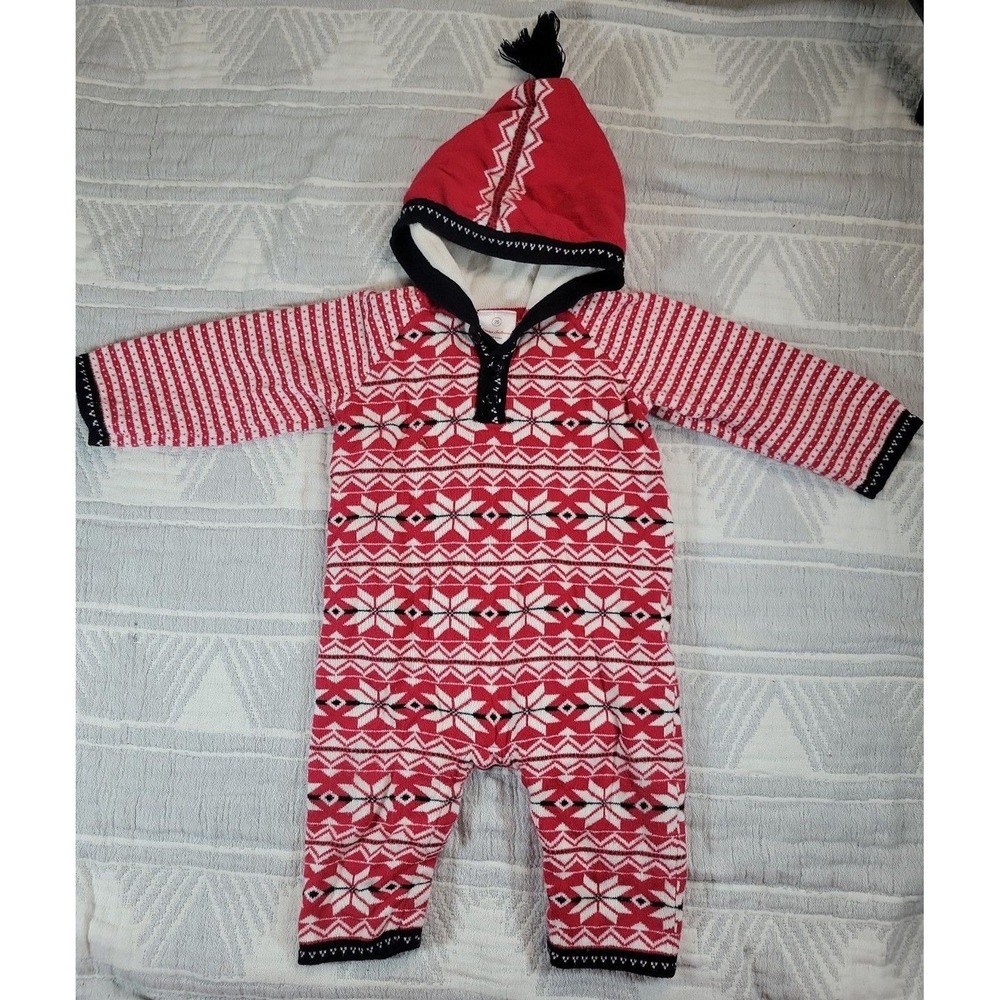 Hanna Andersson Baby Fair Isle Hooded Romper Red Knit One Piece Size 70 6–12M